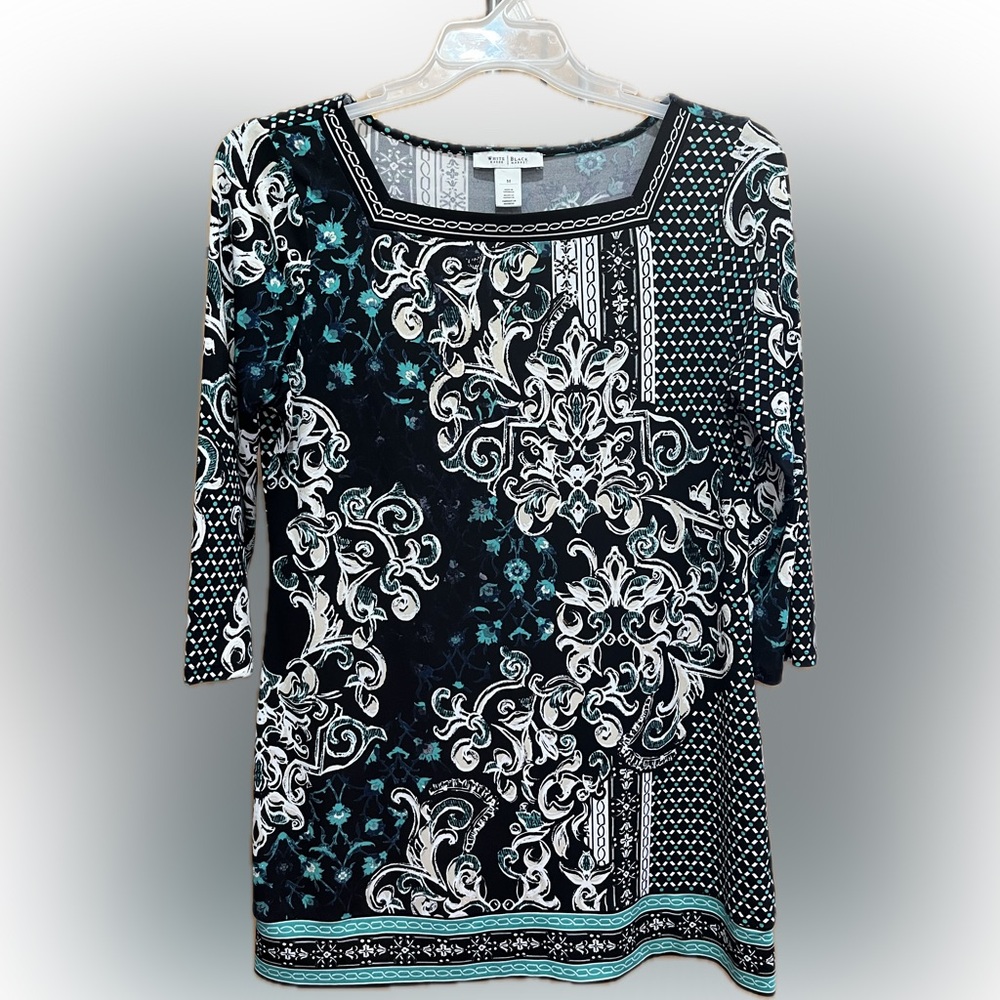 White House Black Market Black, Teal & White Printed Scoop Neck Tunic Blouse